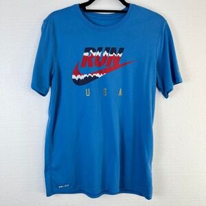 Nike Dri Fit Athletic Cut Mens Size Medium T Shirt Blue RUN USA Graphic Tee